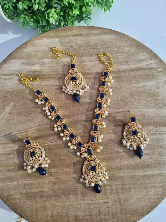 Zircon necklace set with teeka - Dark Blue